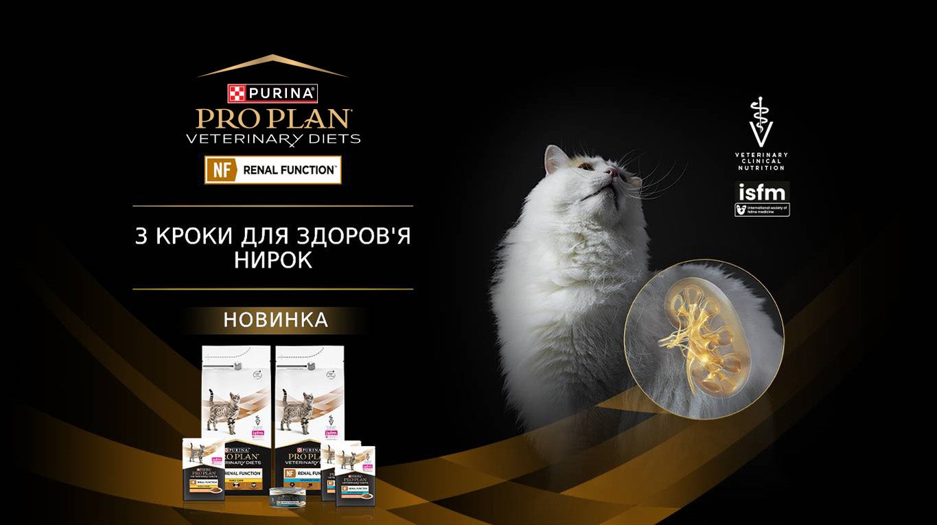 Promotional banner featuring a white cat showcasing the available Pro Plan Veterinary Diets for NF Renal Function.