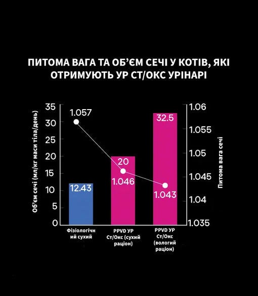 Заголовок українською про питому вагу та об’єм сечі у котів на уринарній дієті.