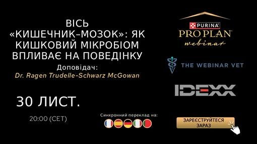 Банер вебінару про вісь «кишечник-мозок» та вплив кишкового мікробіому на поведінку.